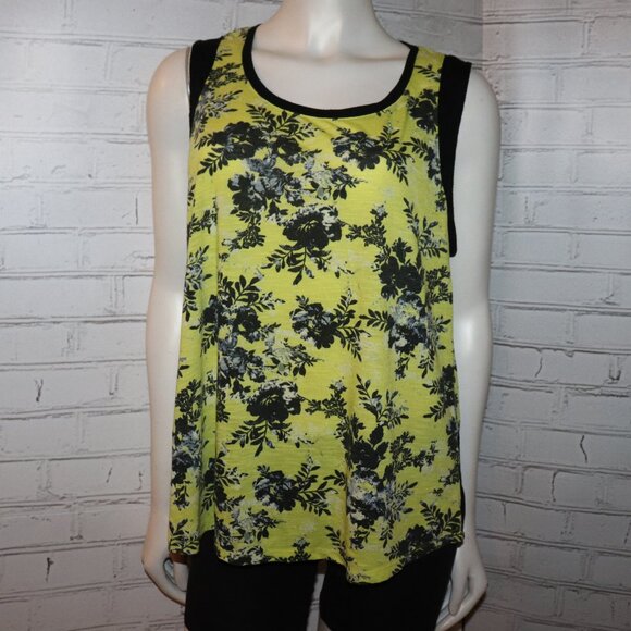 🌼 Cato Neon Yellow & Black Floral Muscle Tee – XL Bold Blooms · Sleeveless - Picture 1 of 5